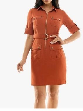 Sharagano Belted Shirt Dress Cuff Sleeve Utility Orange Size 16